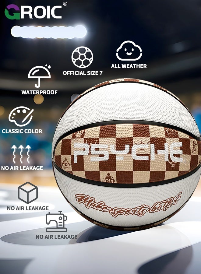 GROIC Basketball,  Classic Checkerboard Size 7 Basketball, Brown and White Design, Deep Channel Construction and Durability, Perfect for Basketball Training and Equipment Practice, Outdoor Rubber Basketballs - Image 3